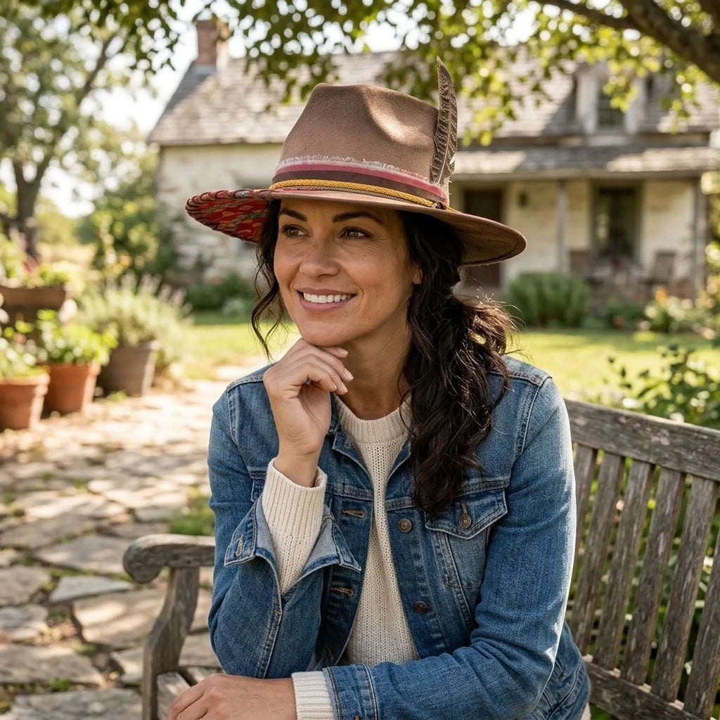 Festival Brown Fedora with Woven Patch and Feather Trim