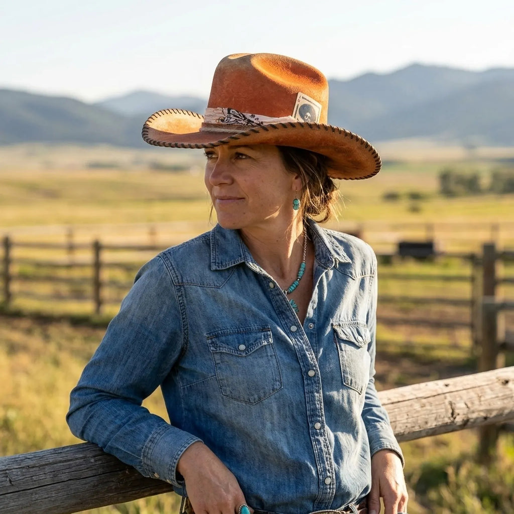 Rust Orange Western Hat with Stitched Brim and Playing Card Accent