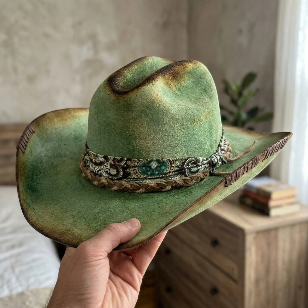 Green Distressed Cowboy Hat Paisley Band Braided Leather Western