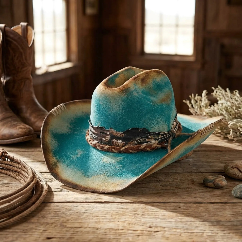 Turquoise Cowboy Hat with Braided Band and White Stitching