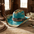 Turquoise Cowboy Hat with Braided Band and White Stitching