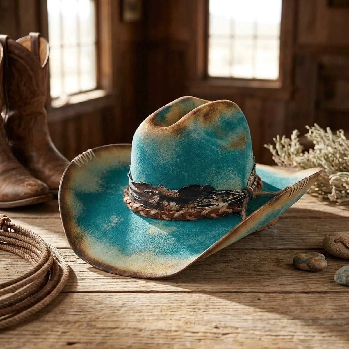 Turquoise Cowboy Hat with Braided Band and White Stitching