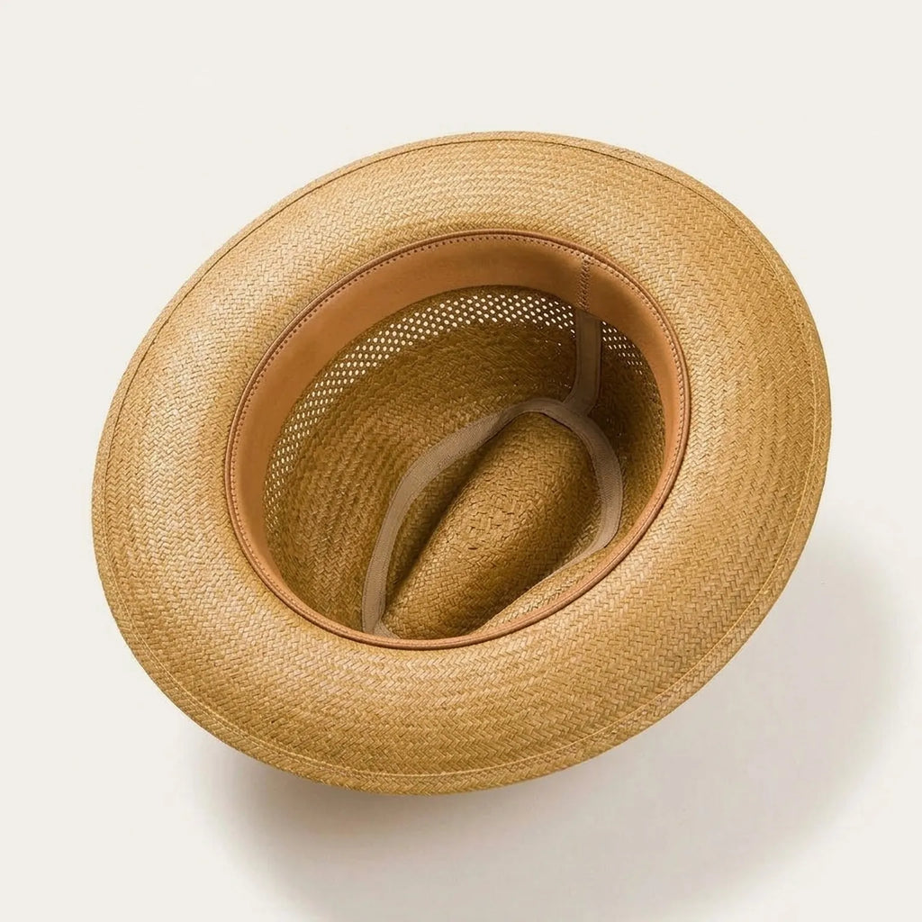 Honey Tan Straw Fedora Hat with Open Weave Ventilation Band
