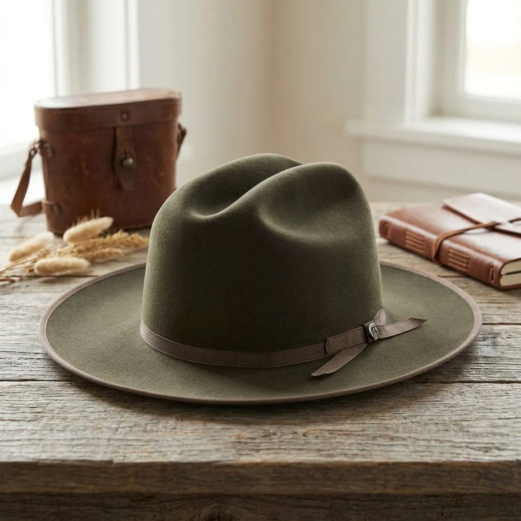 Olive Green Felt Fedora with Grosgrain Bow and Side Detail