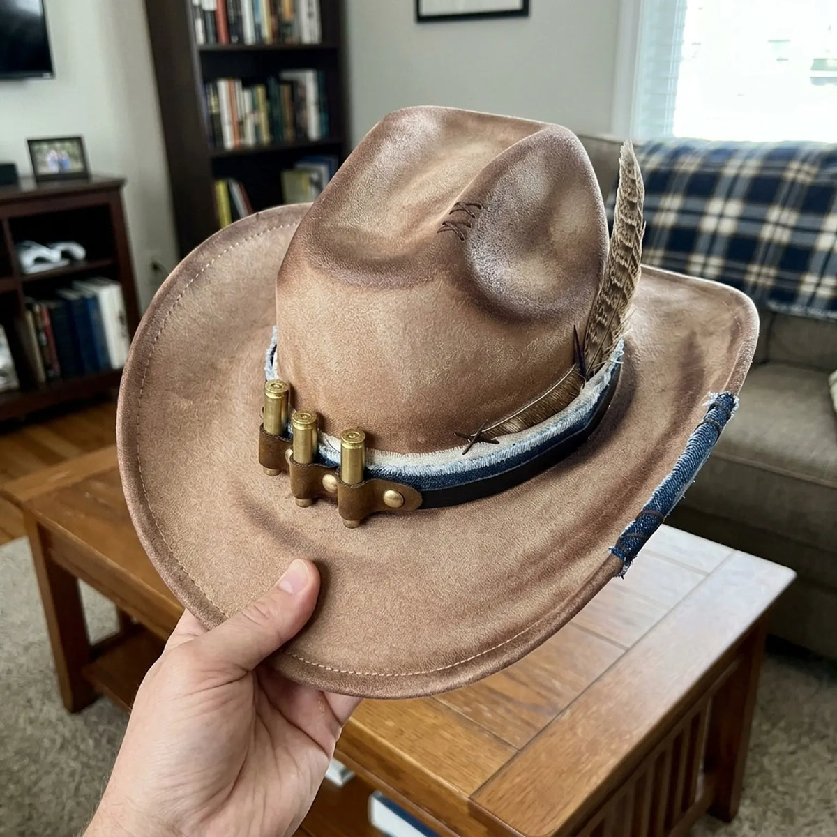 Brown Cowboy Hat with Bullet Cartridge Band and Denim Trim