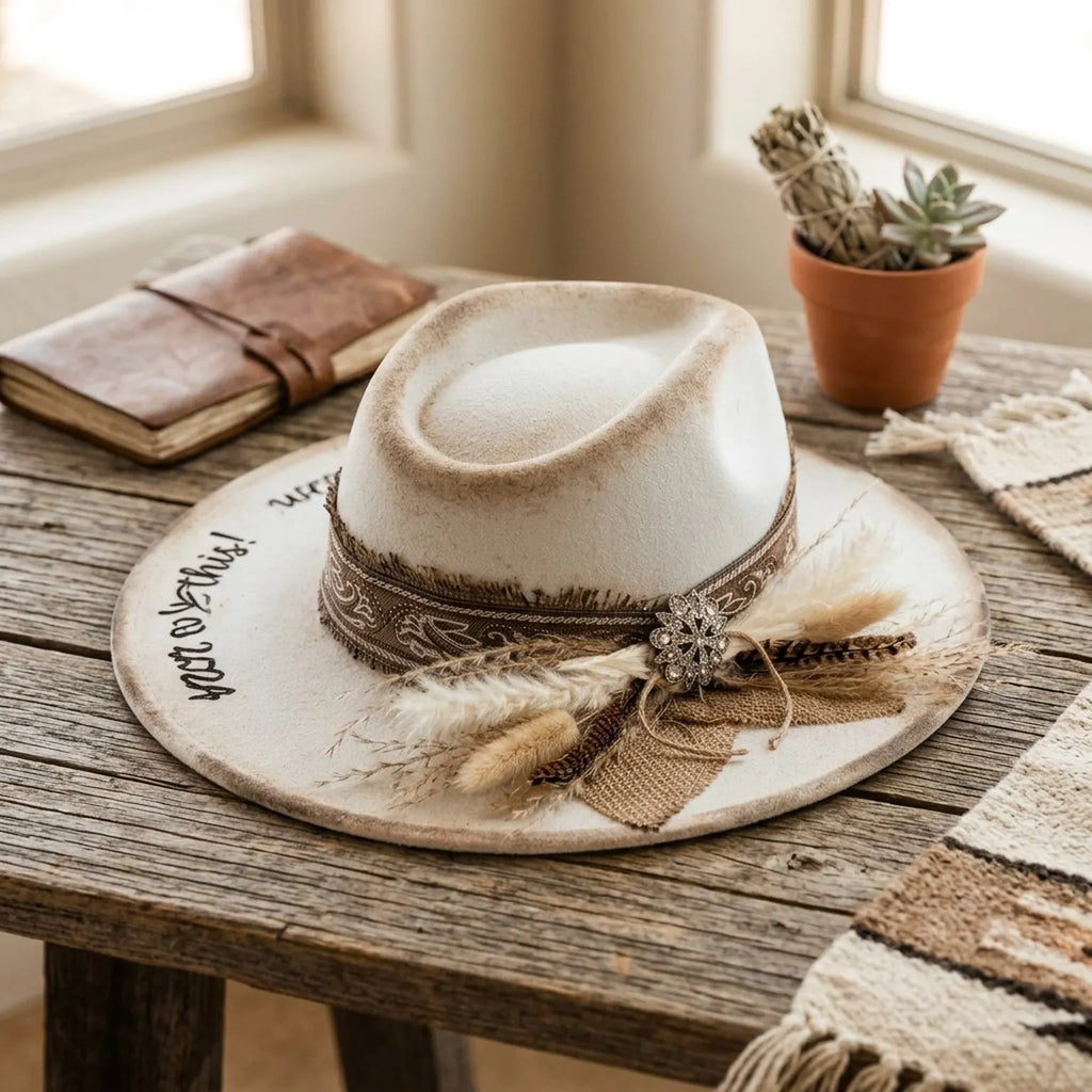 Cream Distressed Felt Fedora with Paisley Band Dried Plumes