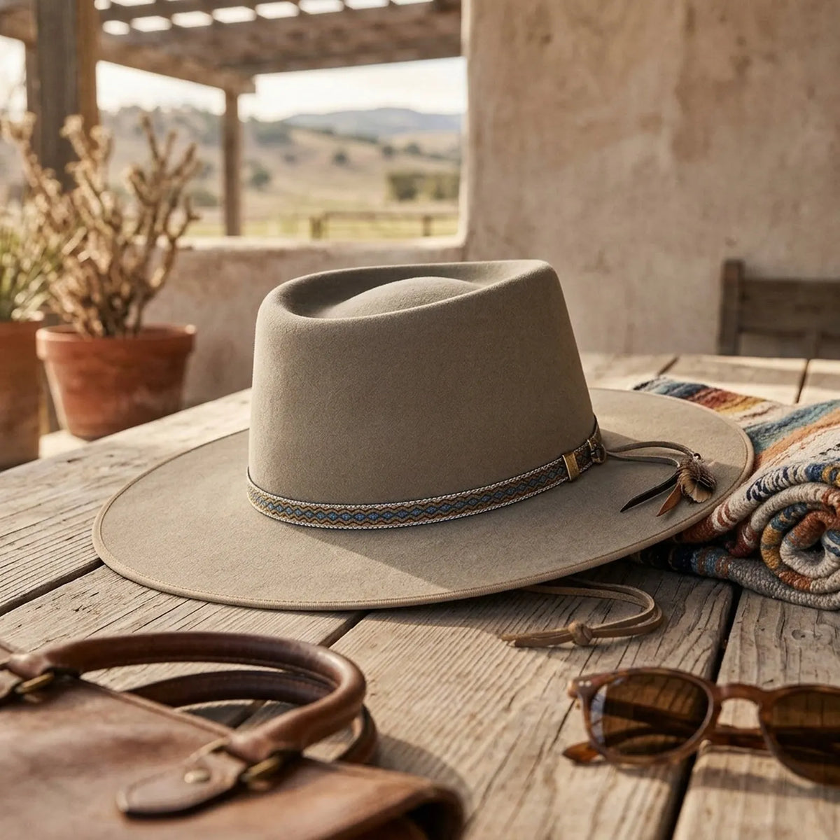 Taupe Wool Felt Fedora with Diamond Pattern Hatband and Wide Brim