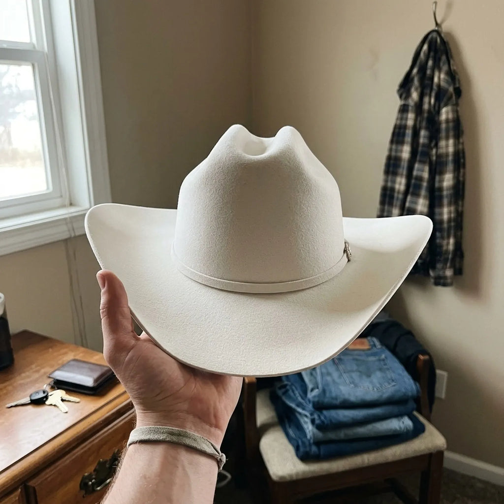 Cream White Felt Cowboy Hat with Tall Pinched Crown and Curled Brim
