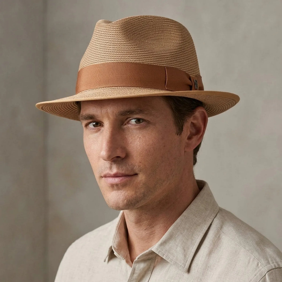Tan Straw Fedora Hat with Wide Brim and Brown Ribbon Band