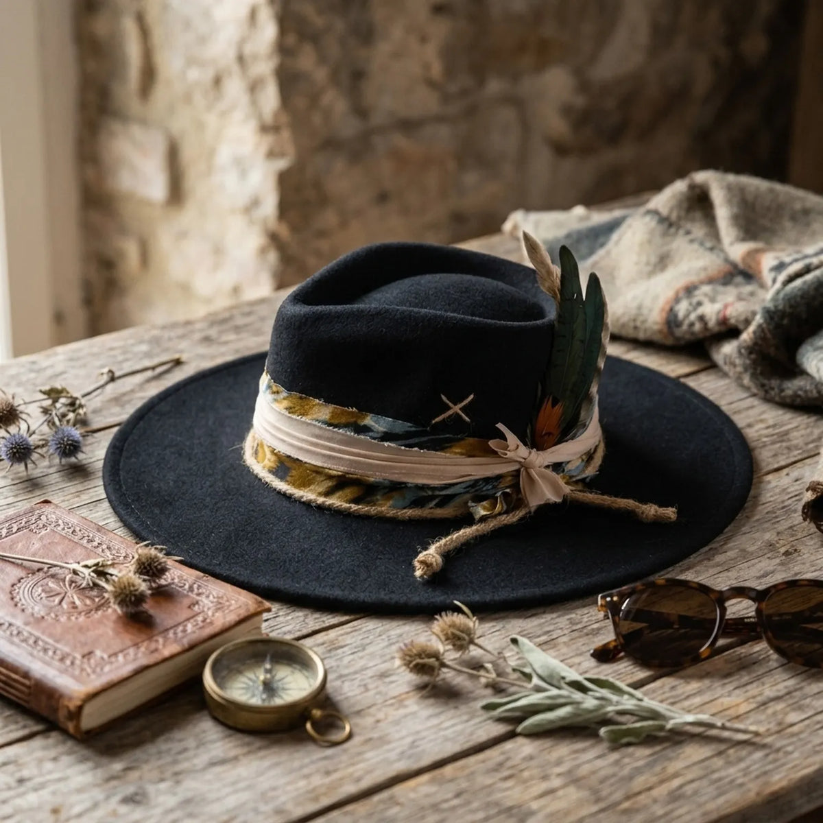 Black Wide Brim Fedora with Ribbon Band and Mixed Feathers