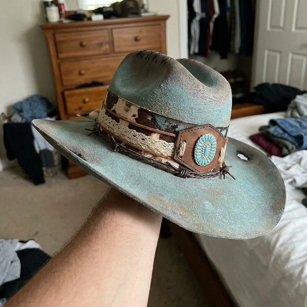 Teal Gradient Western Hat with Turquoise Concho and Lace Trim