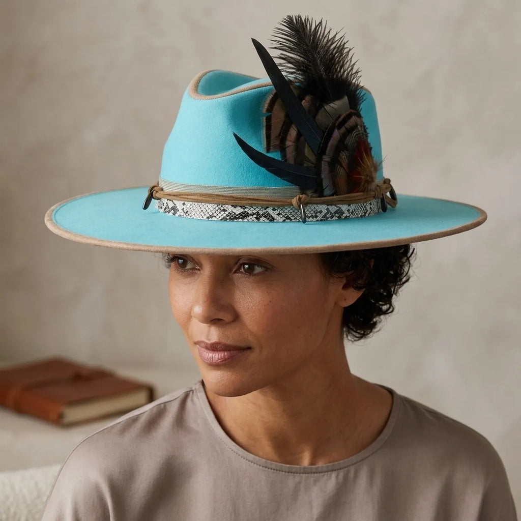 Turquoise Felt Western Hat with Feather Accent and Snake Band