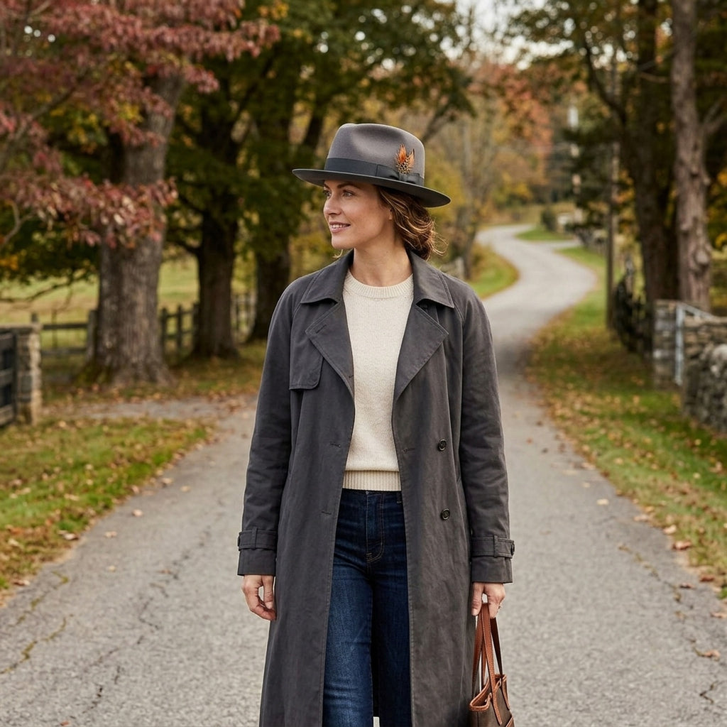 Gray Wool Felt Fedora with Feather Accent and Contrast Trim