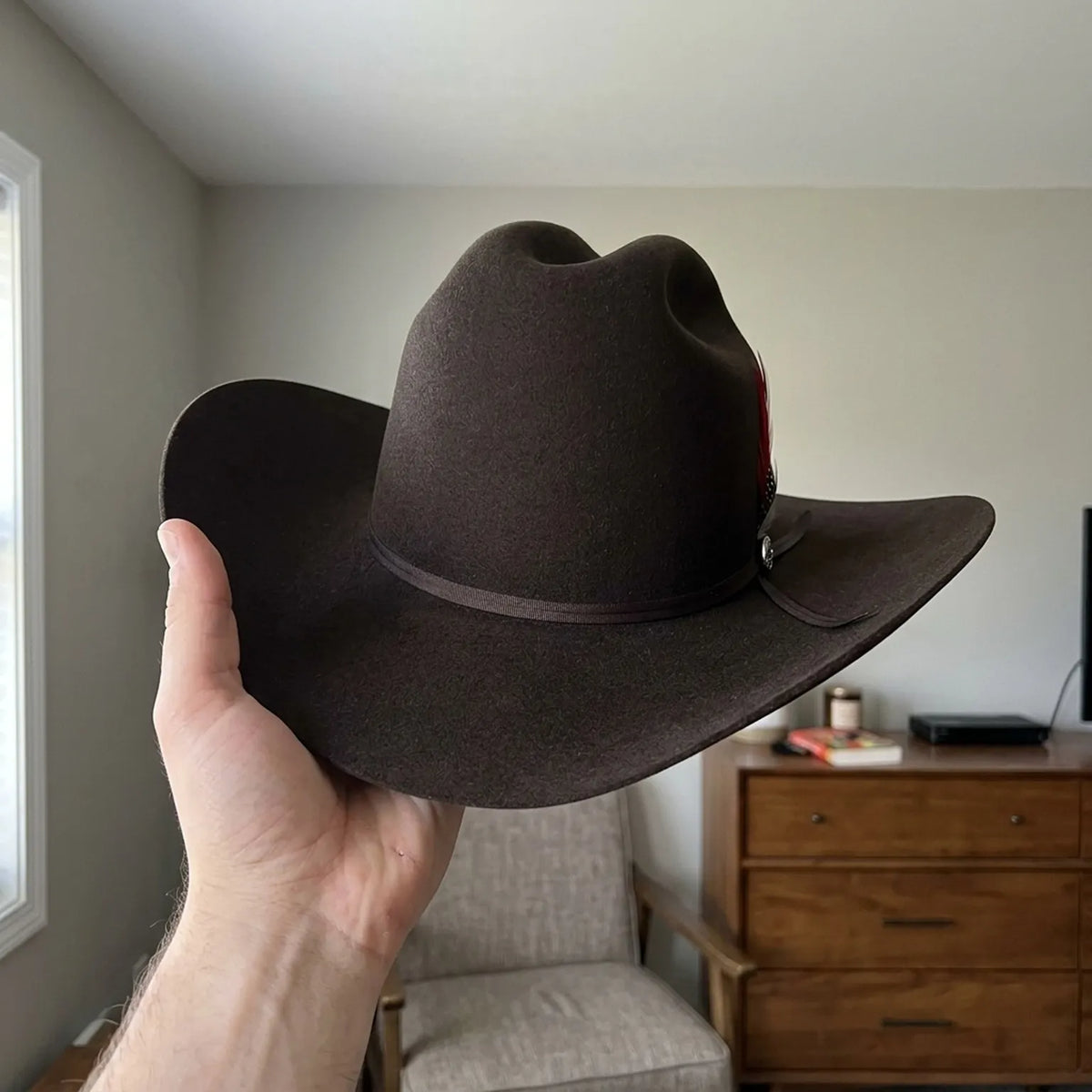 Dark Brown Wool Felt Cowboy Hat with Ribbon and Feather Detail