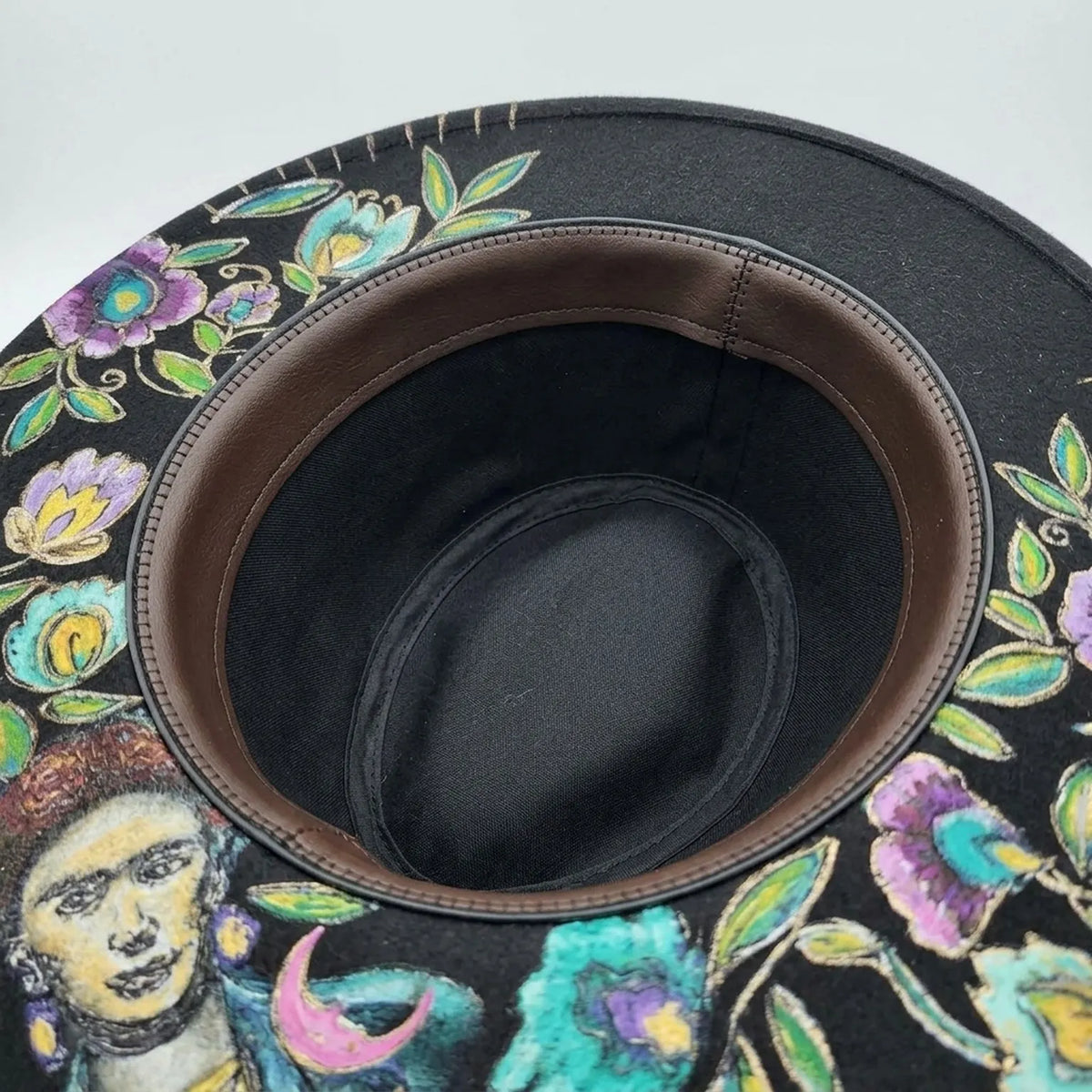 Hand-Painted Black Felt Western Hat with Floral Art and Beaded Band