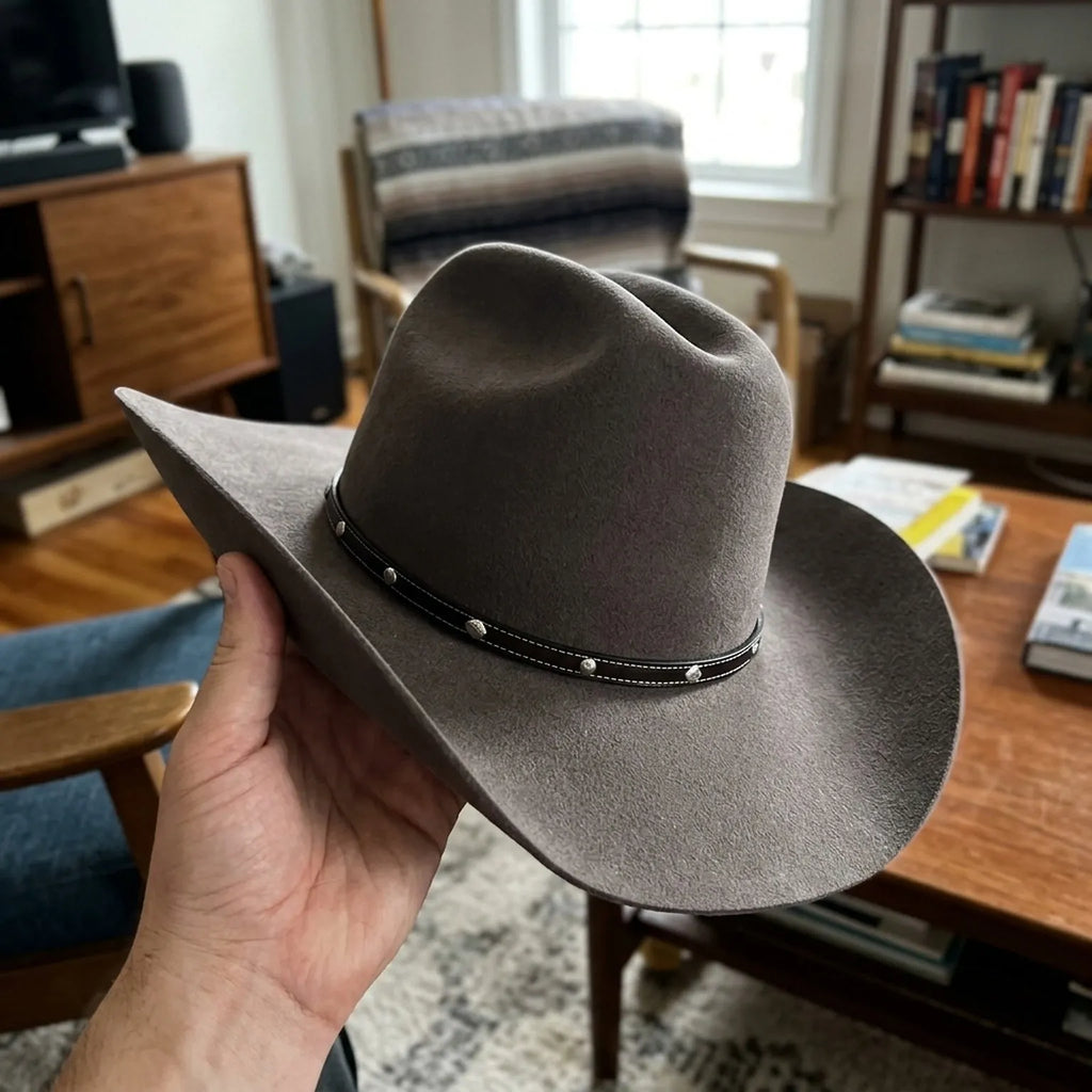 Brown Felt Cowboy Hat, Tall Pinched Crown with Diamond Studded Band