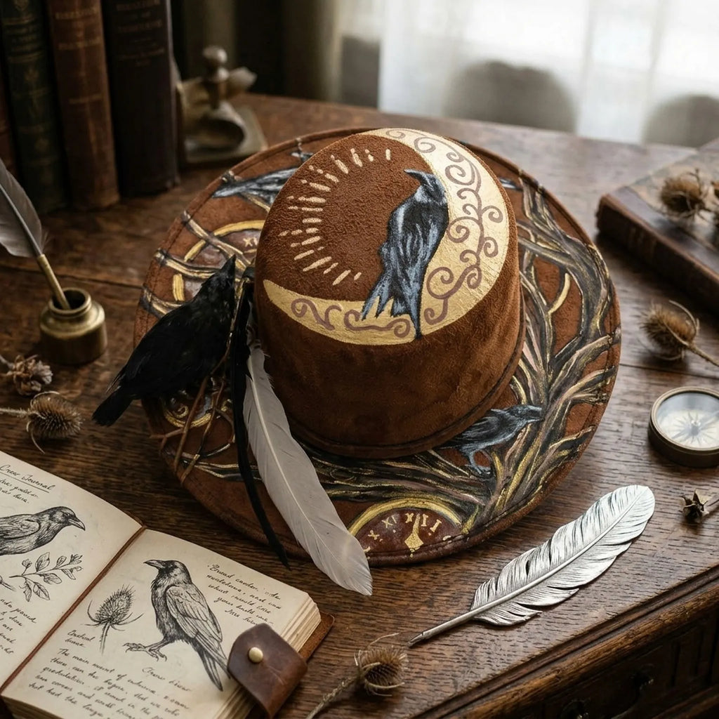 Brown Felt Western Hat with Hand-Painted Ravens and Moon