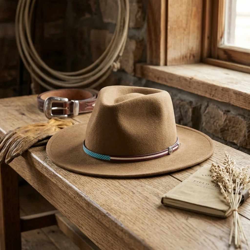 Camel Tan Felt Fedora with Turquoise Checkered Band, Festival Style