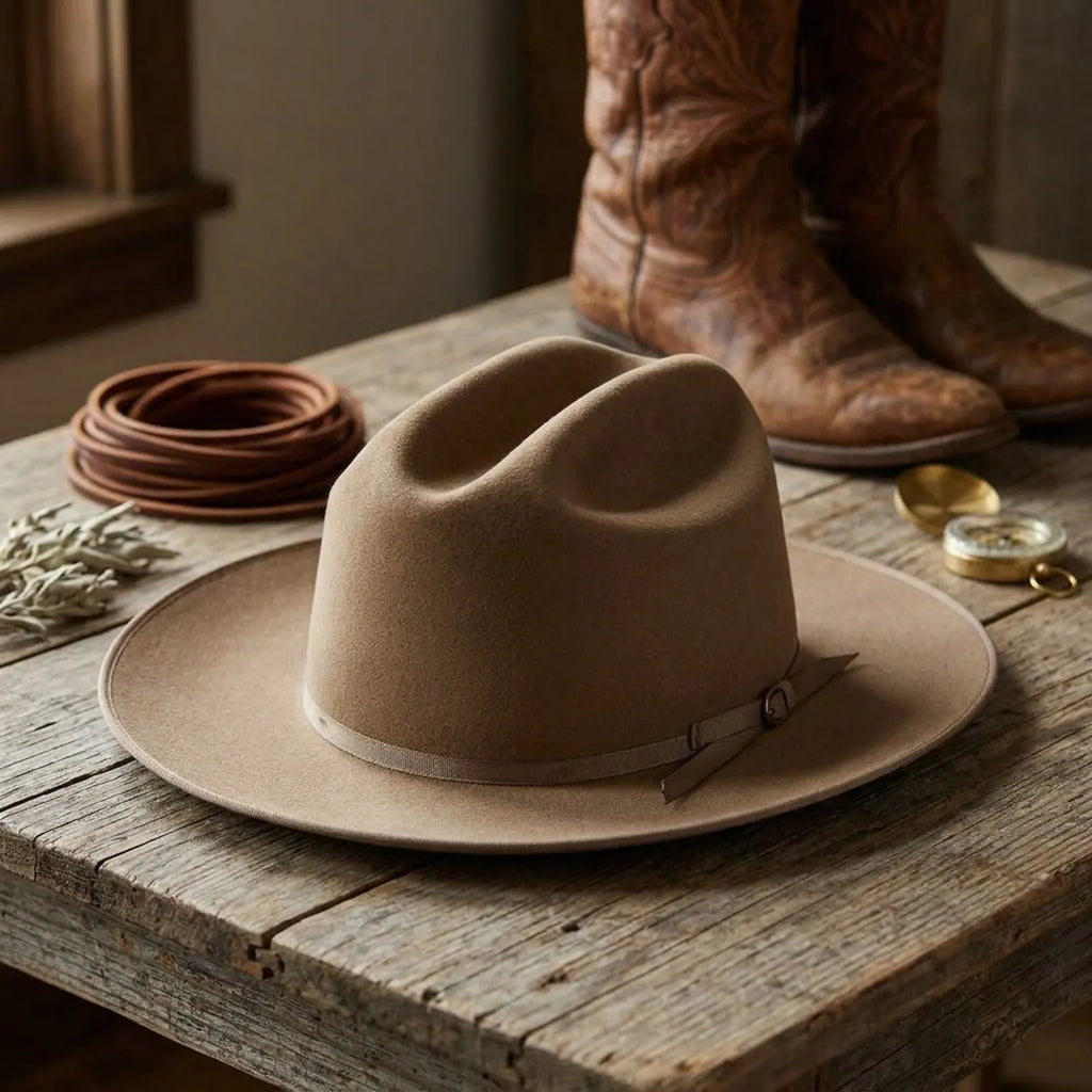 Tan Felt Fedora Hat with Grosgrain Ribbon Band Detail