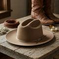 Tan Felt Fedora Hat with Grosgrain Ribbon Band Detail
