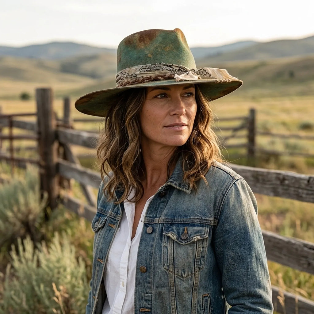 Distressed Green and Rust Felt Western Hat with Bandana Wrap