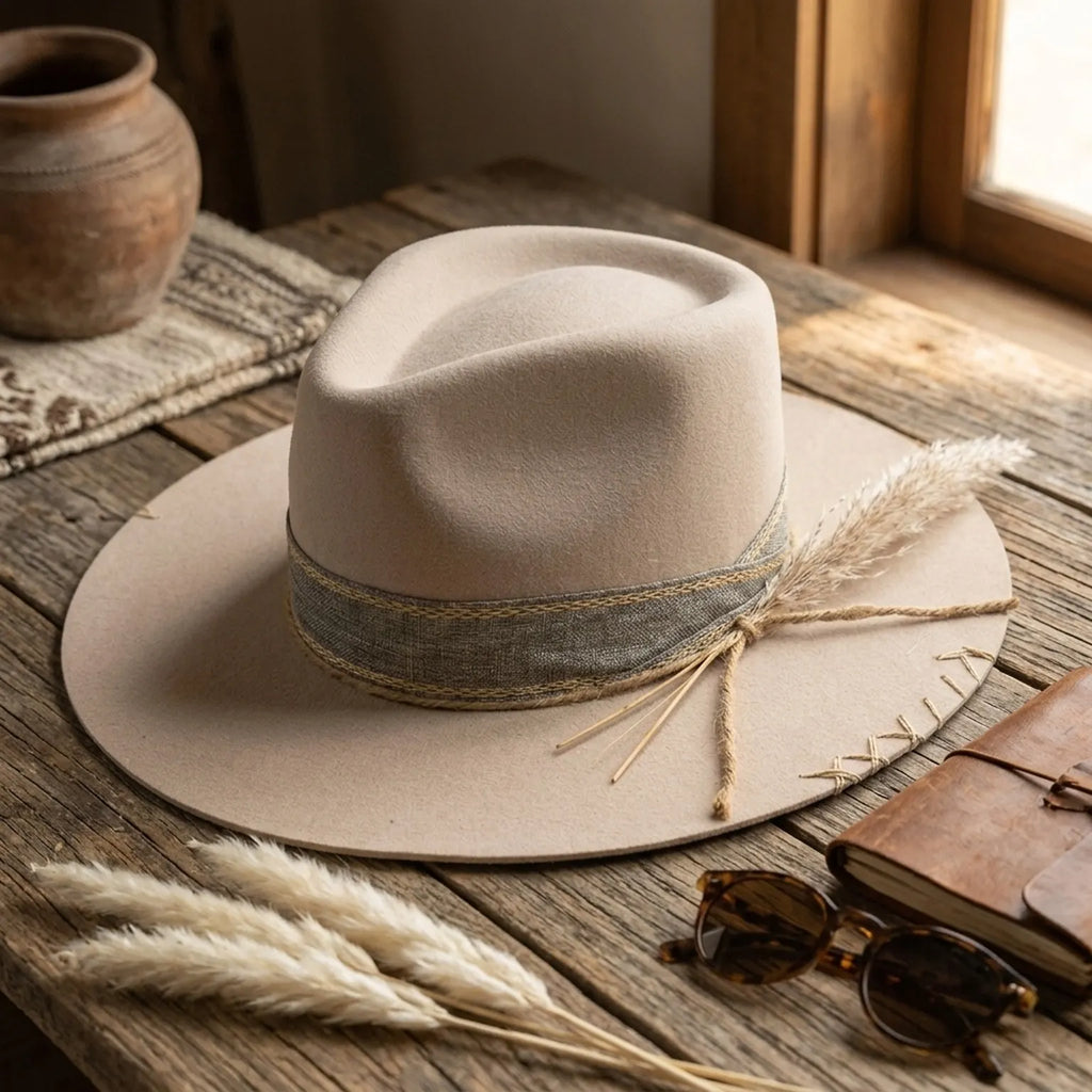 Sand Felt Fedora With Linen Band And Wheat Stem Accent