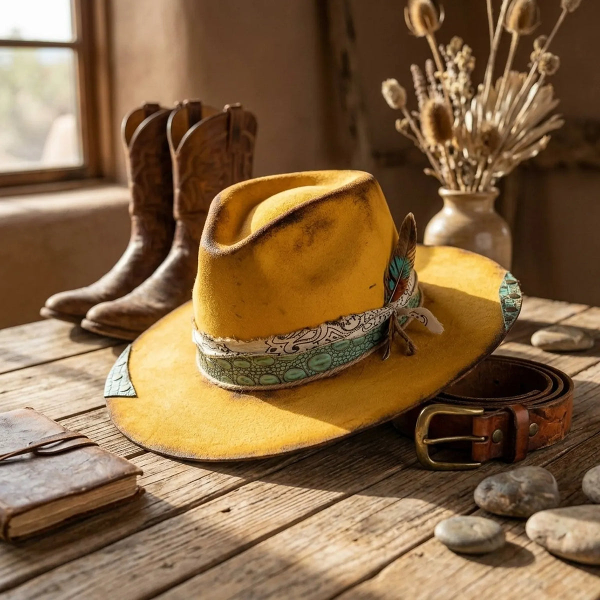 Mustard Yellow Wide Brim Hat with Crocodile Band Detail