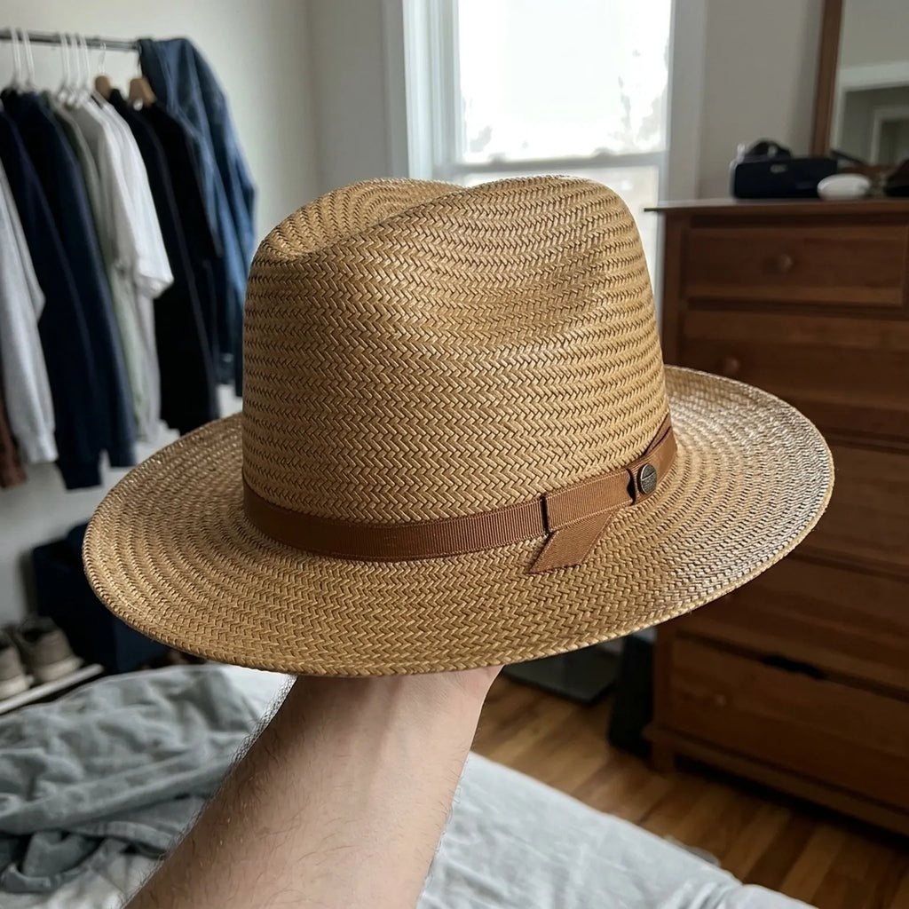 Golden Tan Herringbone Straw Fedora with Ribbon Bow Band