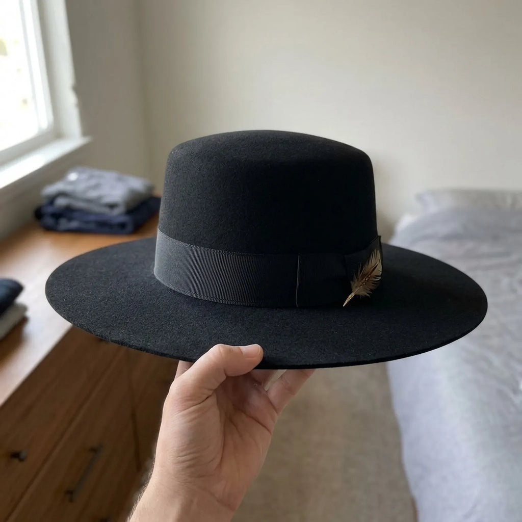 Unisex Black Wool Felt Wide Brim Hat with Minimalist Band