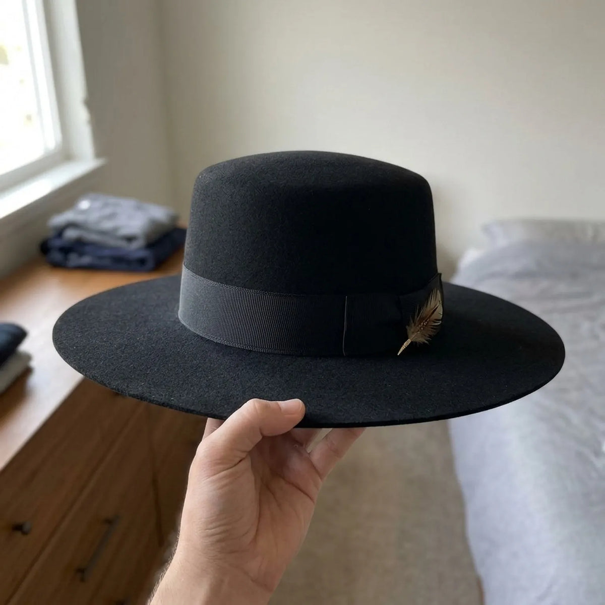 Unisex Black Wool Felt Wide Brim Hat with Minimalist Band