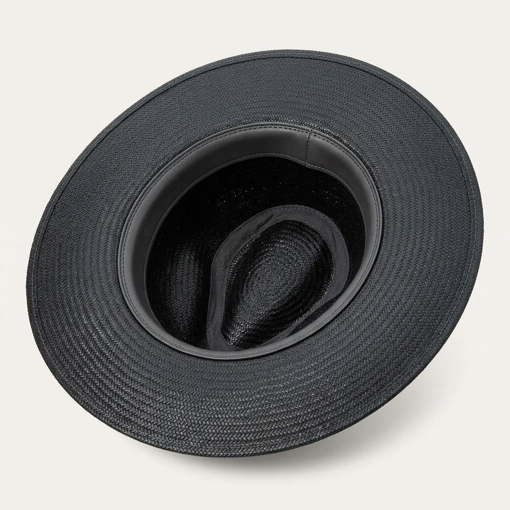 Unisex Black Straw Sun Hat with Beaded Band and Wide Brim