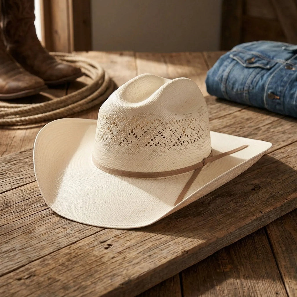 Cream Straw Cowboy Hat with Vented Openwork Crown Detail