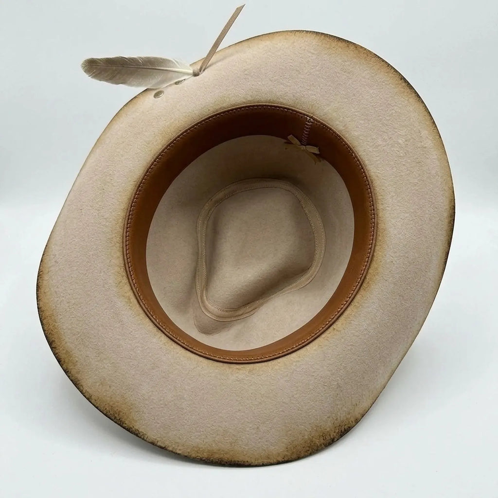 Distressed Beige Western Hat With Vintage Poster And Feather