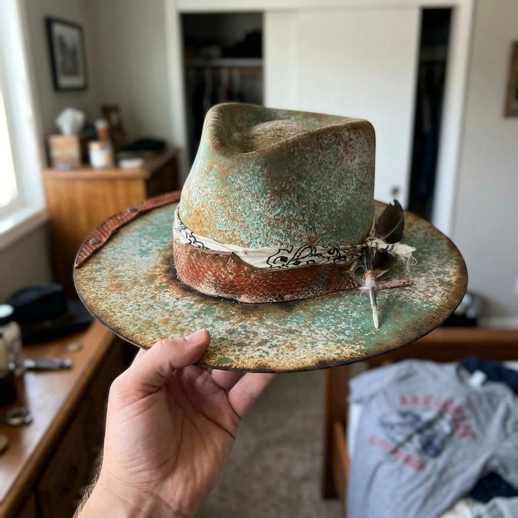 Patina Green Cowboy Hat with Rust Leather Patch and Feather