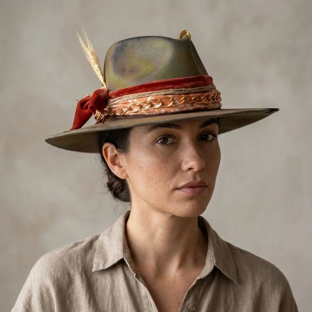 Olive Green Fedora with Wheat Stalk, Chain, and Red Ribbon Band