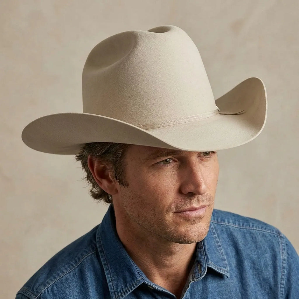 Cream Wool Felt Cowboy Hat with Feather Accent and Upturned Brim