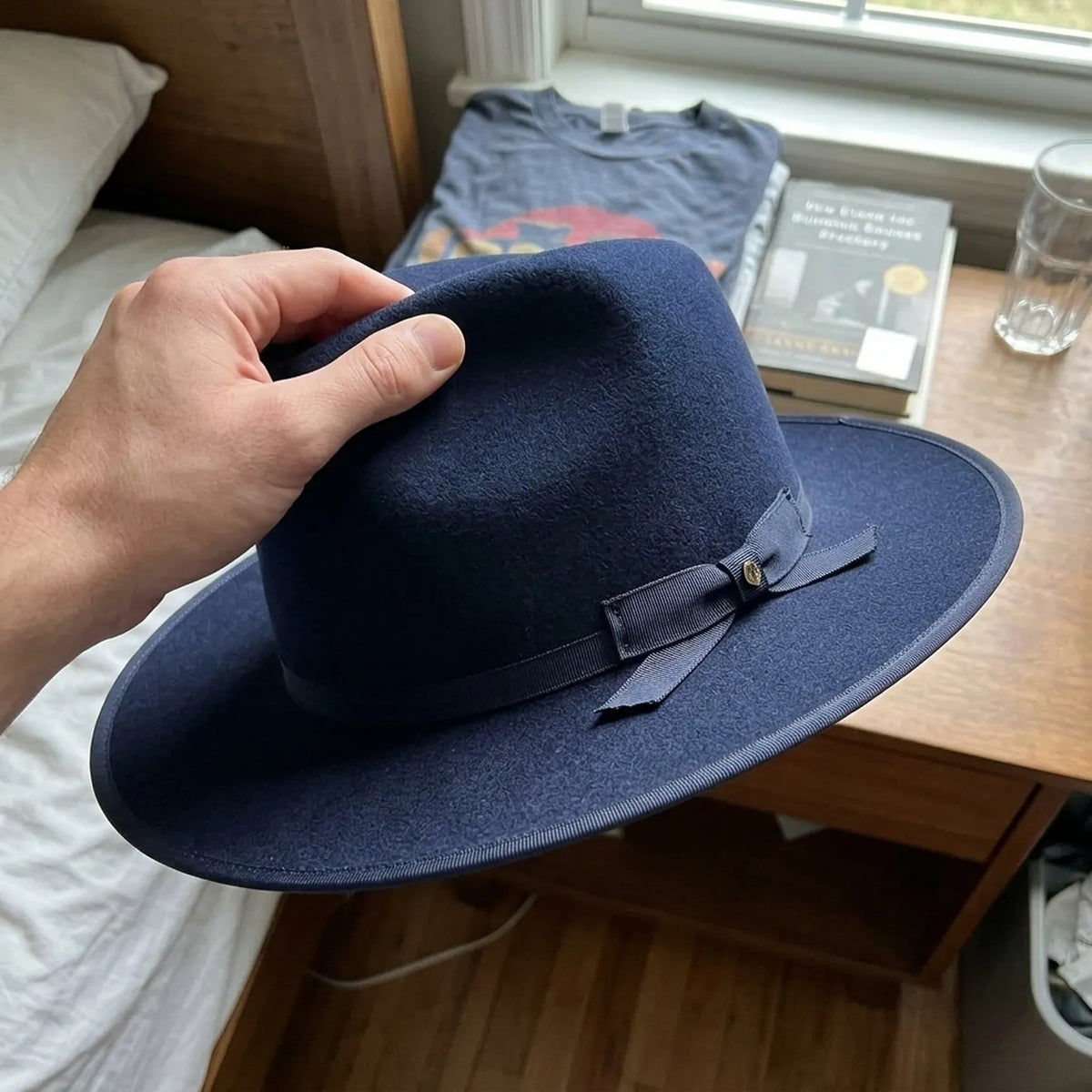 Unisex Navy Wool Felt Fedora Hat with Wide Brim Ribbon Band