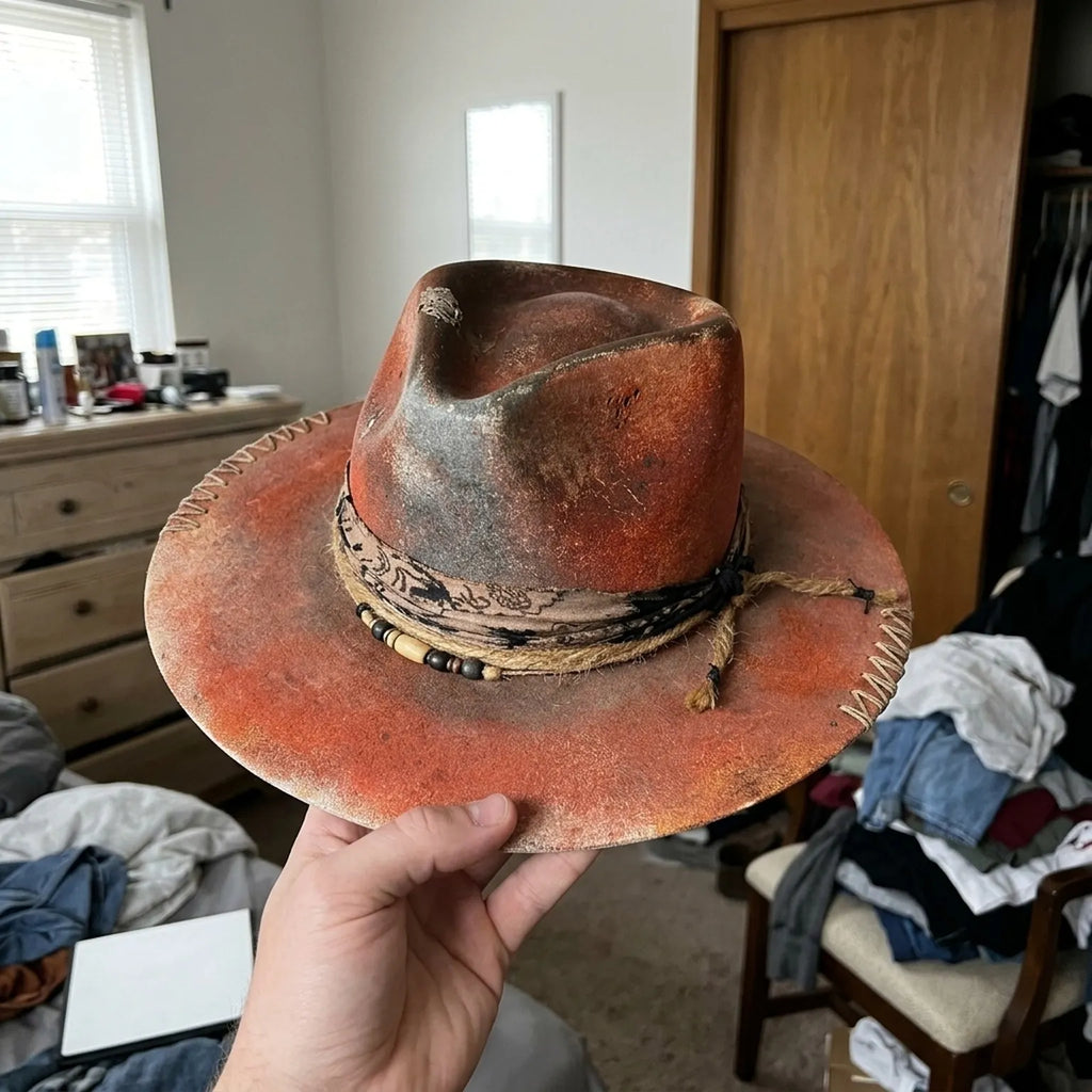 Vintage Rust Western Hat with Bandana Band and Beading