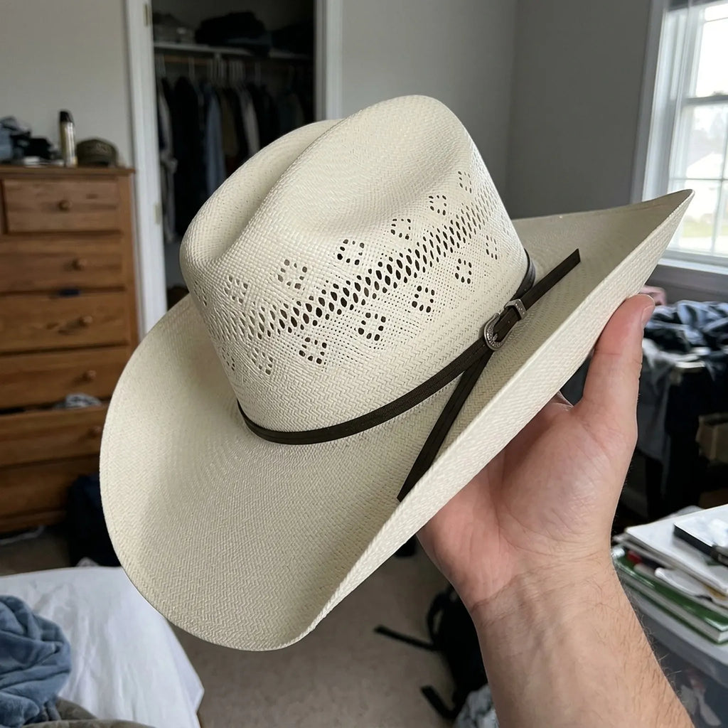 Cream Open-Weave Straw Western Hat with Brown Ribbon Band