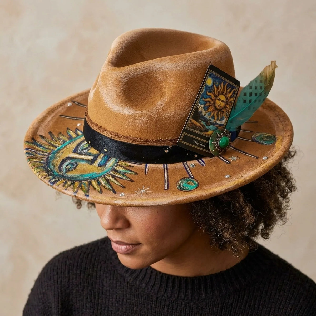 Hand-Painted Sun and Moon Fedora in Copper Rust Vegan Leather