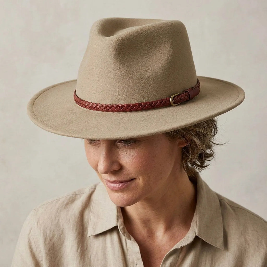 Tan Beige Felt Fedora Hat with Leather Band - Classic Style