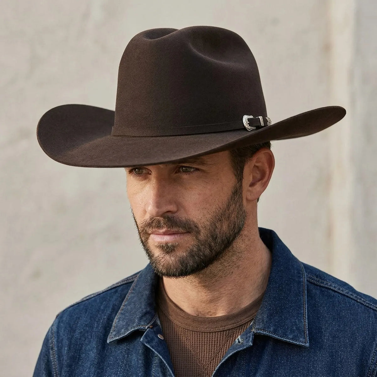 Dark Brown Felt Cowboy Hat with Pinched Crown and Curled Brim