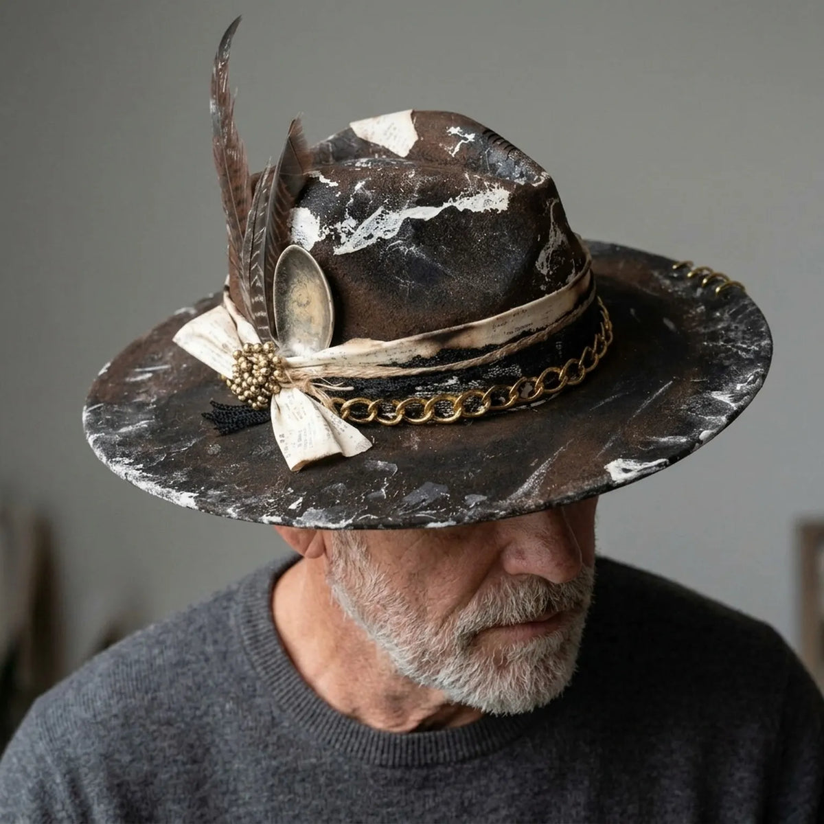 Distressed Brown Felt Western Hat with White Splatter Paint