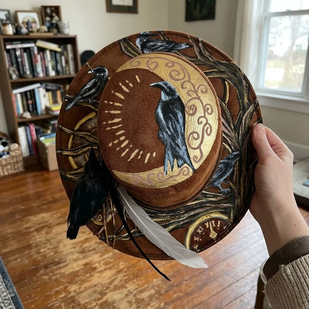 Brown Felt Western Hat with Hand-Painted Ravens and Moon