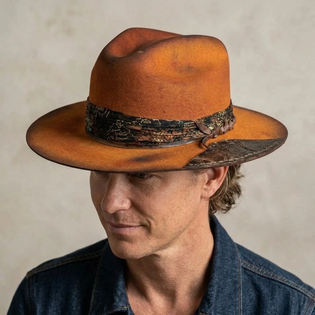 Rust Orange Fedora with Snakeskin Band and Crocodile Patch