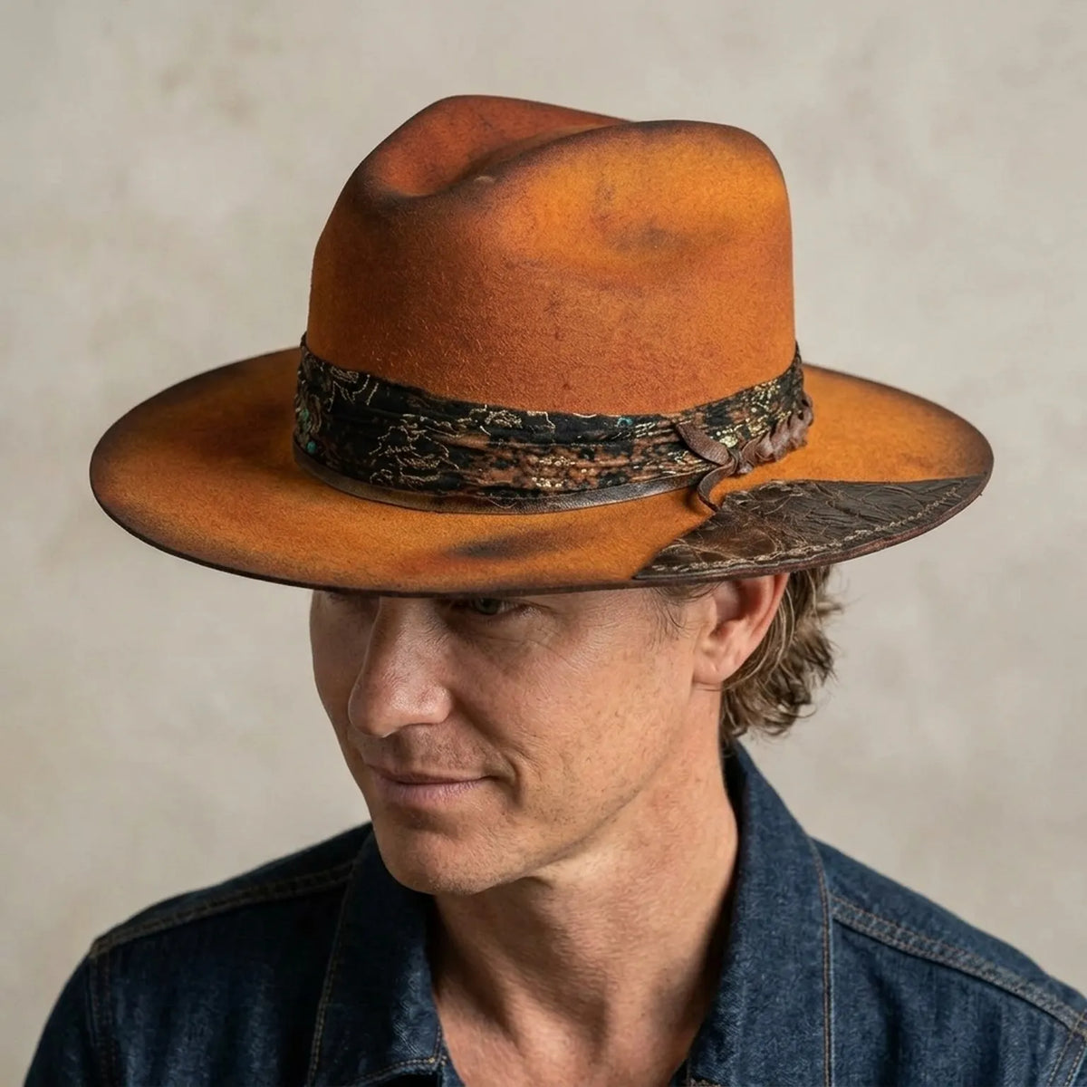 Rust Orange Fedora with Snakeskin Band and Crocodile Patch