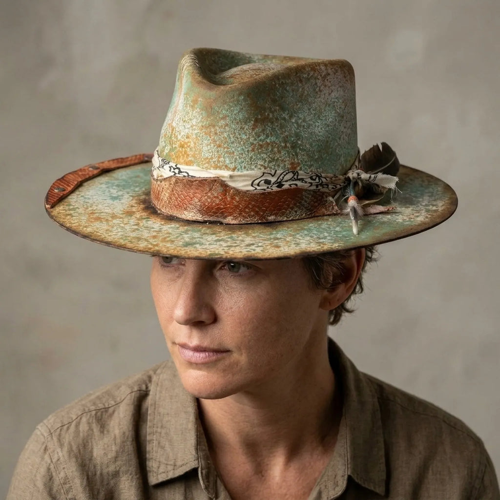 Patina Green Cowboy Hat with Rust Leather Patch and Feather