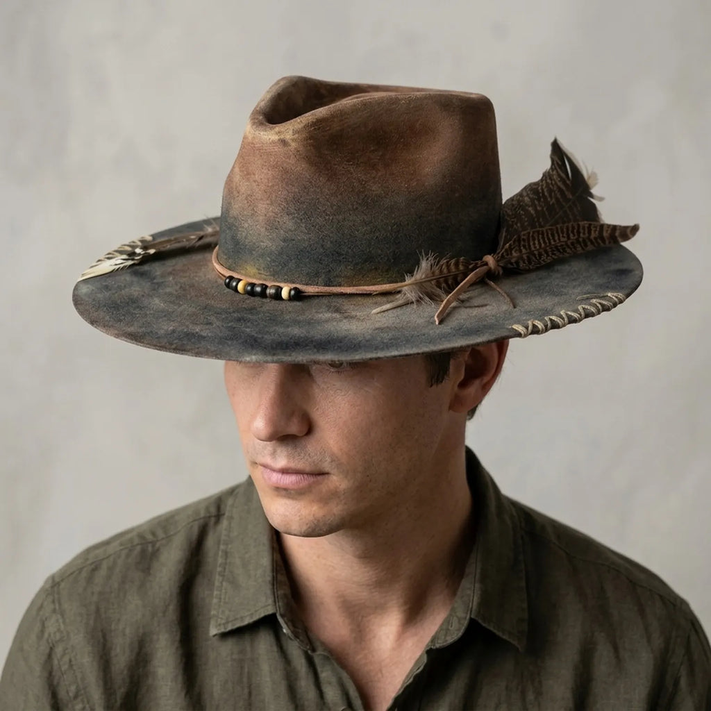 Brown Ombre Felt Hat with Cord Band Beads and Pheasant Feathers