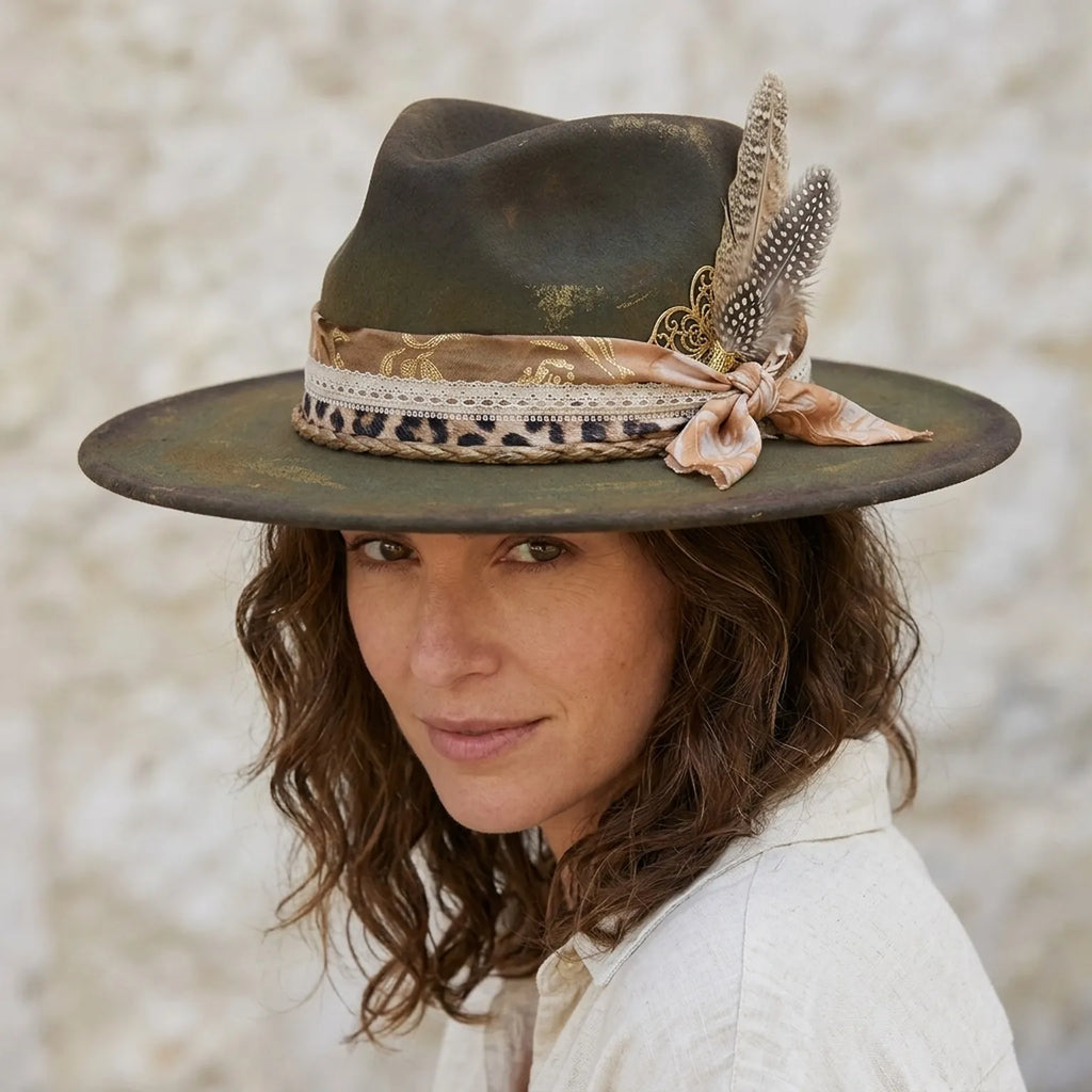 Antique Olive Felt Fedora with Leopard Trim and Feather Accent