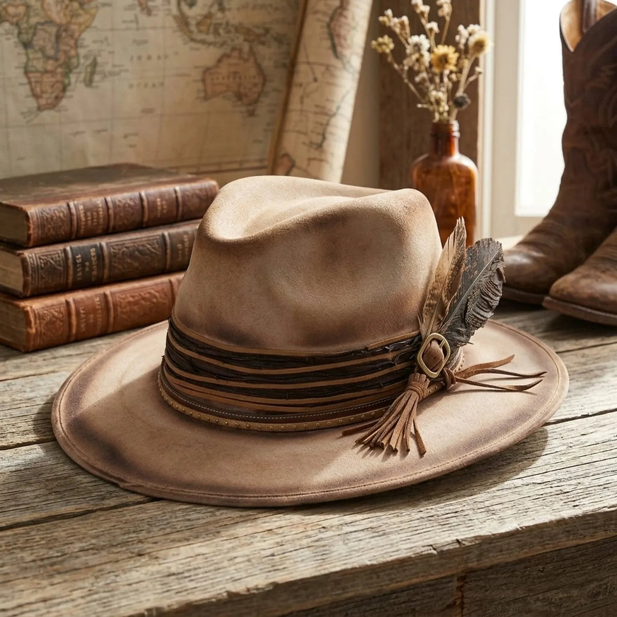 Tan Felt Fedora with Layered Leather Band, Tassel and Feathers